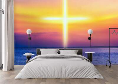 Heavenly Cross . Religion symbol shape .  Dramatic nature background  . Glowing cross in sky . Happy Easter. Light from sky . Religion background .  Paradise heaven . Light in sky .   Wall mural