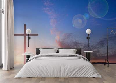 Religious Christian cross with sunset sky Wall mural