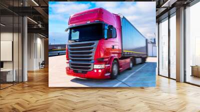 Truck in port . The red truck in a warehouse . Truck logistics building . the red truck in port, delivery of freight. Wall mural