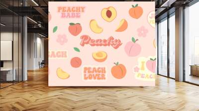 Peaches set. Cute peach fruit. Simple flat doodle Wall mural