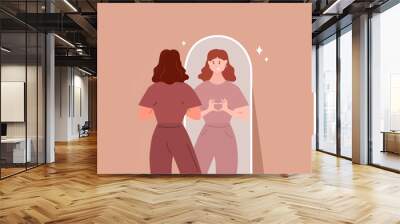 Young woman looking through the mirror and smiling. Self love. Love yourself. Vector Wall mural