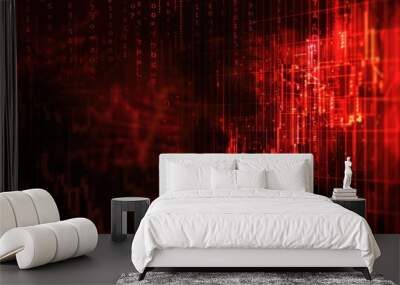 Red Digital Data Visualization with Grid Lines and Numbers Wall mural