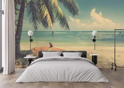 Surfboard on a tropical beach with a palm tree Wall mural