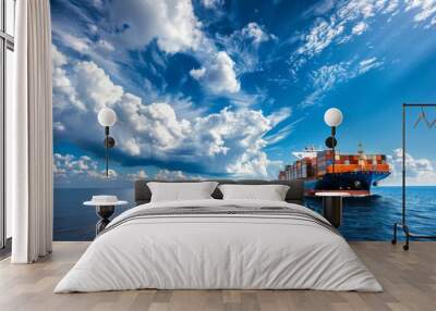 Container Ship Sailing on Blue Ocean Wall mural