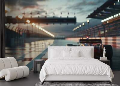 Formula 1 Race Car on Wet Track at Sunset Wall mural