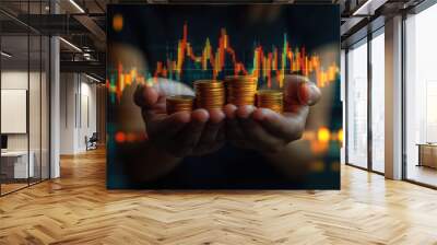 Hands holding coins with stock market chart in background. Wall mural