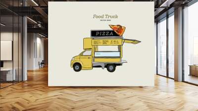 Mobile food truck. Van with pizza. Vector illustration. Wall mural