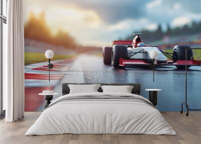 Race Car on Wet Track. Wall mural