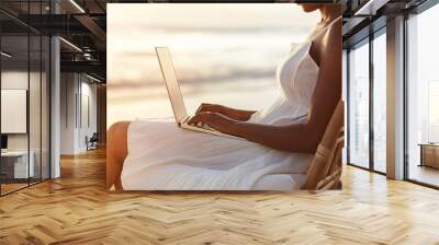 A woman and labtop on the beach. Wall mural