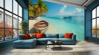 Wooden Boat on Pristine Tropical Beach. Wall mural