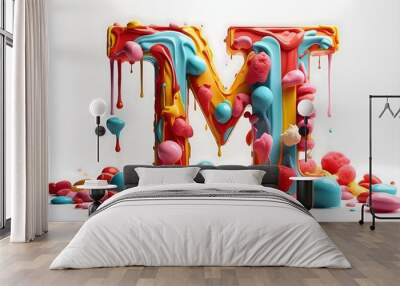 The letter M 3D, bright colors, ice cream style, with an ice cream drop dripping down, candies above the letter a smooth white background. Wall mural