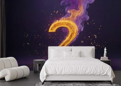 The number 2 in 3D, in fire color, it's on fire, there are yellow fire flames on it, it's burning, there is a lot of smoke around, smooth purple background. Wall mural