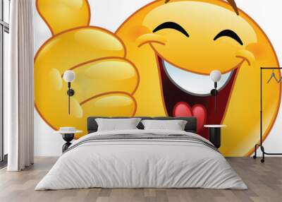 Laughing emoji emoticon showing thumb up gesture, like hand sign Wall mural