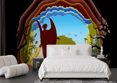 Adam and Eve in the Garden of Eden. Banished from the garden. Paper art. Bible story. Digital Art. Wall mural