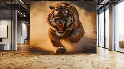 A deadly strike awaits as a ferocious tiger, bathed in morning light, runs for the attack with extended claws, Generative AI Wall mural