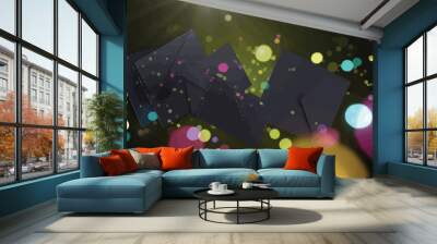 New Year black paper cards with colorful light defocused particles. Wall mural