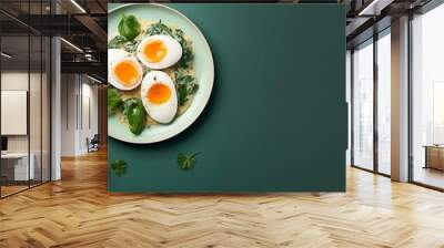 Boiled eggs with fresh herbs in a plate on the table. Wall mural