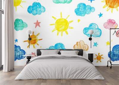 bright background rainbow, sun and clouds. Wall mural