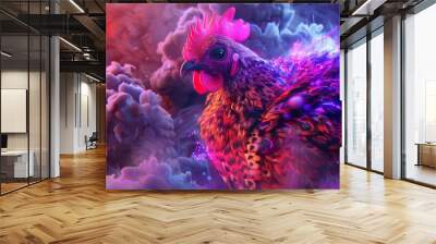 chicken in neon light. Wall mural