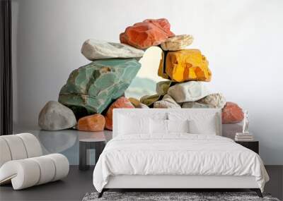 Colored stones with mirror on white background. Wall mural