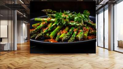 cooked asparagus in a plate on the table. Wall mural