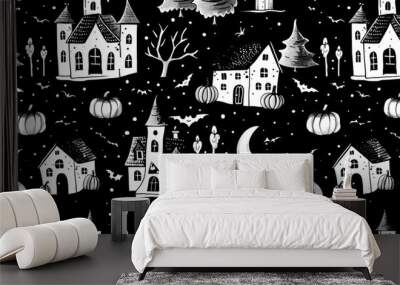 halloween background pumpkins,candles and houses. Wall mural