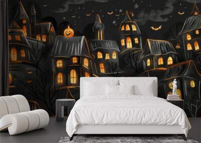 halloween background pumpkins,candles and houses. Wall mural