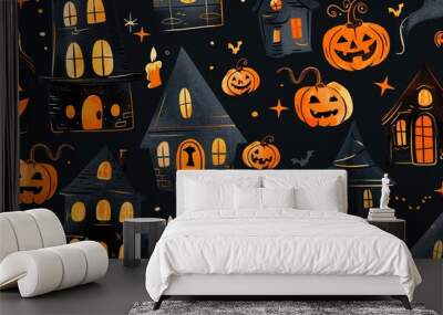 halloween background pumpkins,candles and houses. Wall mural