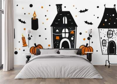 halloween background pumpkins,candles and houses. Wall mural