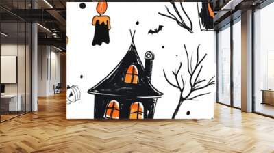 halloween background pumpkins,candles and houses. Wall mural