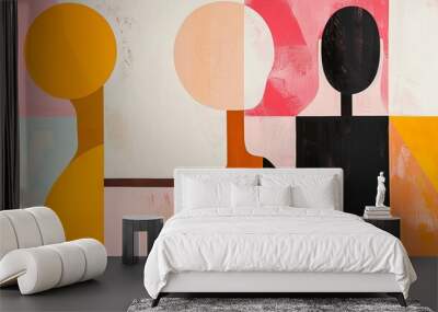 neutral shapes with silhouettes of people minimalism illustration. Wall mural