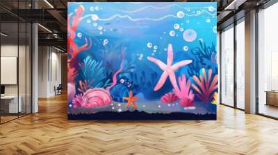 Underwater sea world. Algae and corals. Wall mural