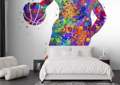 Basketball player watercolor art, abstract painting. sport art print, watercolor illustration rainbow, colorful, decoration wall art.	 Wall mural