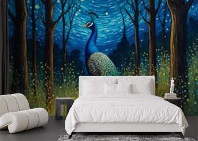 Peacock Starry Night, painting illustration starry sky, decoration wall art, Wall mural