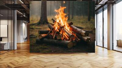 Bonfire in the forest at morning twilight.  Low angle view to Burning firewood in the forest at dusk.  Campfire in the forest at sunrise. Camping concept. Enjoy a Relaxing Morning in the Forest, A Nat Wall mural