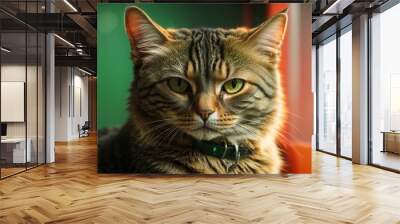 portrait cute cat looking upwards an in the style of neon background, The beauty big cat, light orange and green, studio portrait, Pet concept. Wall mural