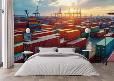 Stack of Colorful Shipping Containers at Sunset Wall mural