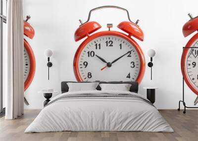 Vintage alarm clocks with bells on top in red color isolated on transparent background Wall mural