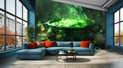 A bubbling cauldron with green smoke emitting in a mystical, enchanting atmosphere, perfect for Halloween or fantasy themes. Wall mural