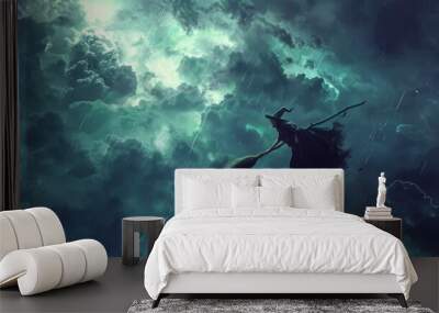 A mystical witch flying on a broomstick through a stormy night sky with dramatic clouds and lightning. Wall mural