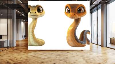 Two cartoon snakes with expressive eyes, showcasing unique colors and character, perfect for playful illustrations and animations. Wall mural