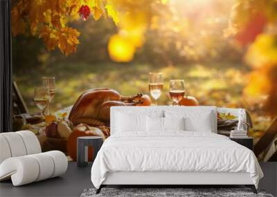 Thanksgiving_table_outdoors_in_the garden in autumn Wall mural