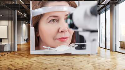 Cheerful lady having eye examination in oculist office Wall mural