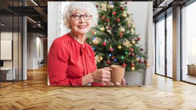 Elegant senior lady is sitting in chair at holiday Wall mural