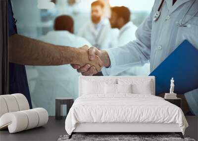 Male healthcare workers shaking hands in clinic Wall mural