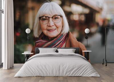 Portrait of stylish old lady in coat looking at camera and smiling. Street on blurred background Wall mural