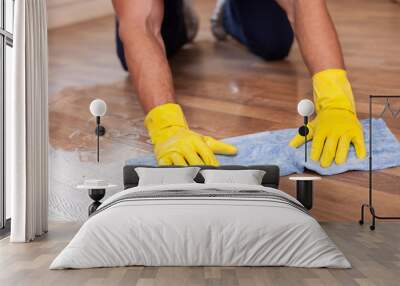 Skilled young cleaner is mopping floor in a house Wall mural