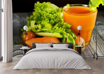 Healthy diet, glass of carrot juice and vegetables Wall mural