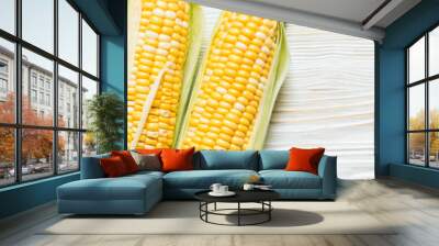 Fresh corn on the cob on a white wooden background Wall mural