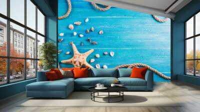 Nautical background, turquoise boards, rope, starfish Wall mural